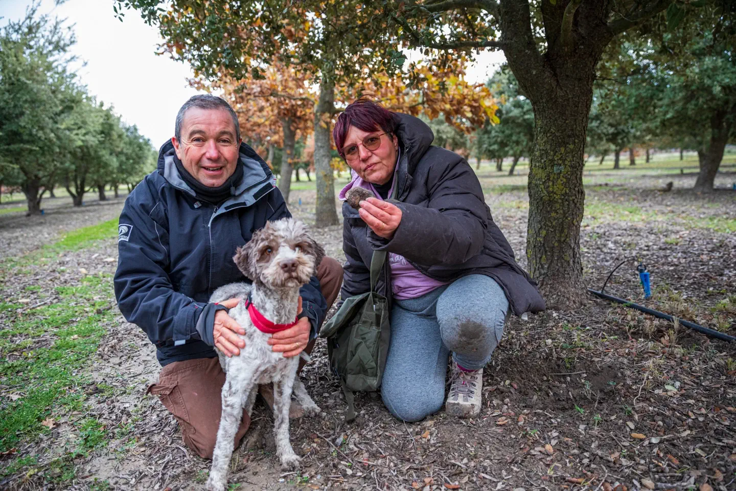 Philippe, Fabienne et Rio dans la truffière