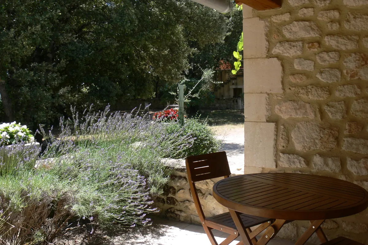 Terrasse d’une chambre d’hôtes bordée de lavandes à La Romagnolette